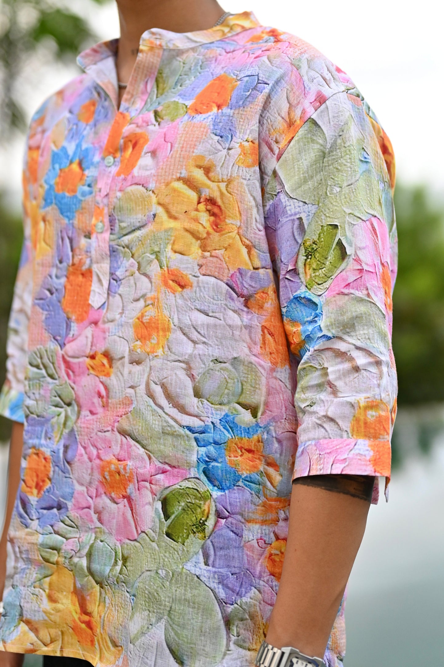 "Botanical Bliss : Vibrant Floral Paradise Blooms - 3/4 Sleeve Kurta Style Shirt"