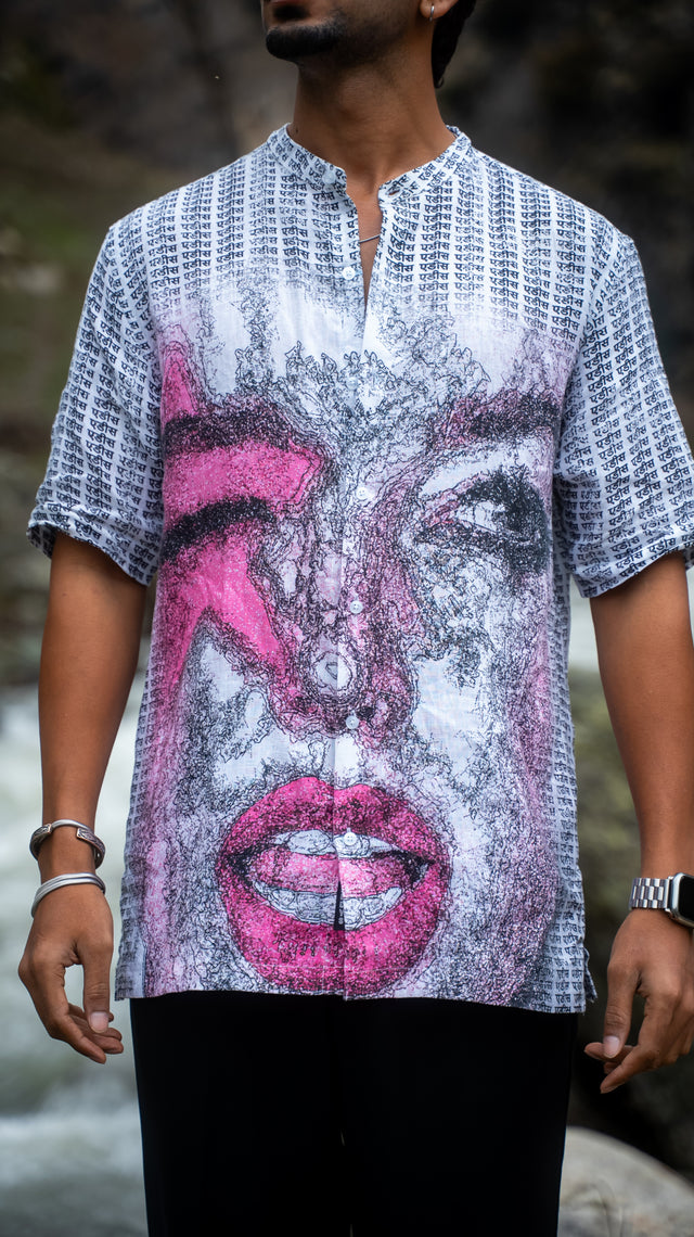 Pink Inscription Stylish Printed Pure Linen Short Sleeve Shirt - AddysForMen®
