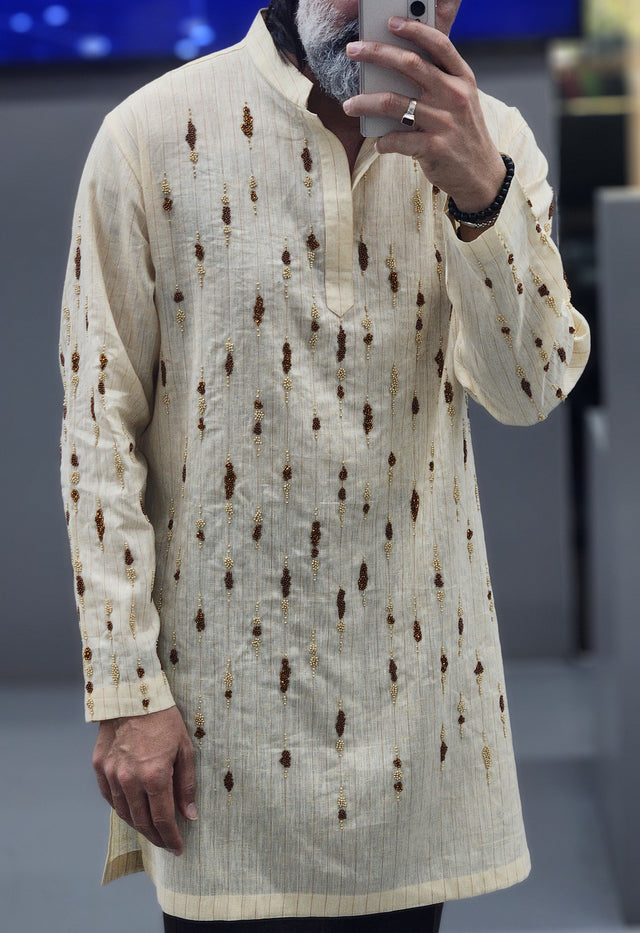 Natural Creamish Yellow Vertical Rain Hand Khatli Pure Linen Kurta
