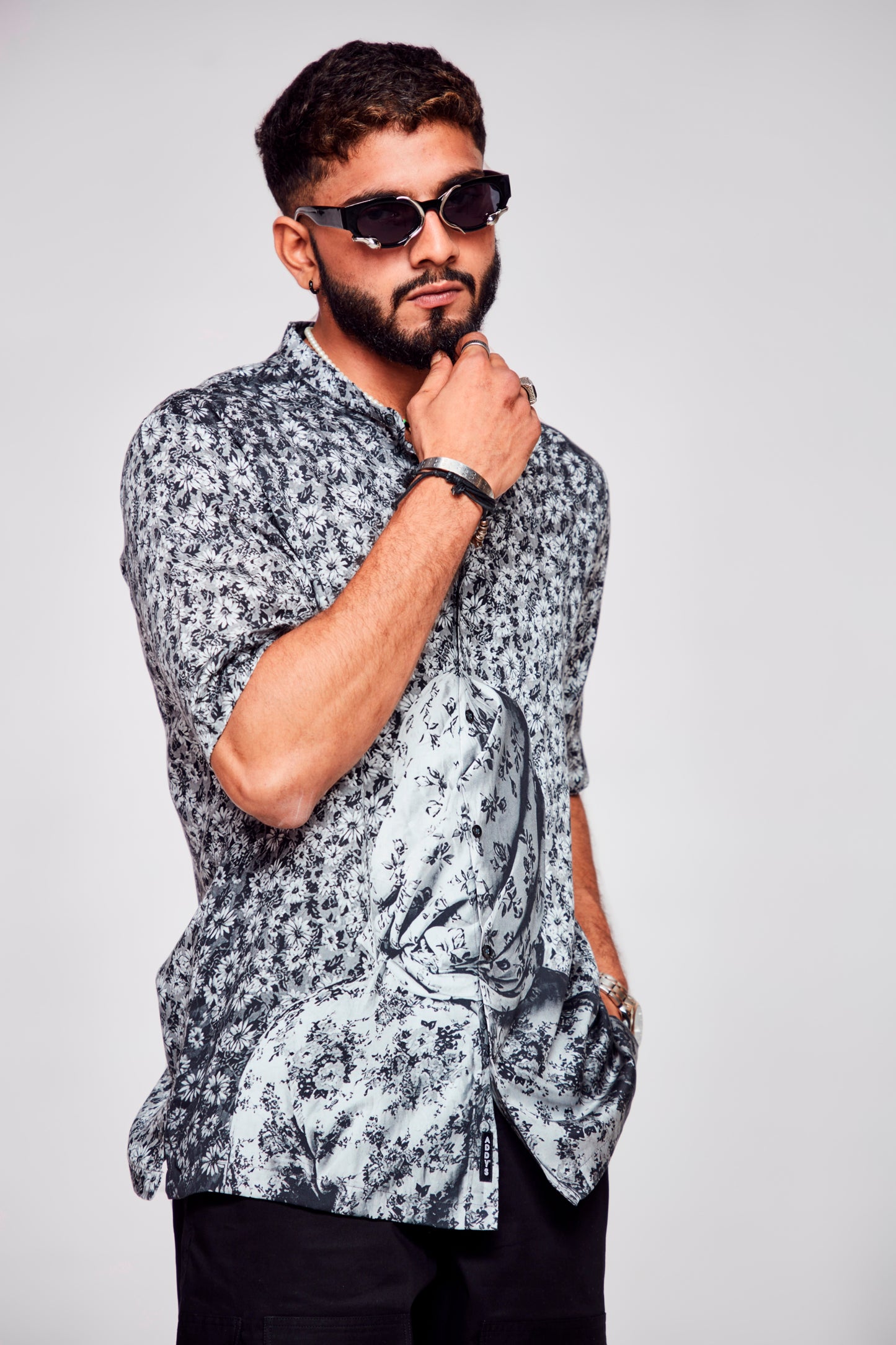 Floral Fusion : Covered Man Embracing Nature's Delight - Pure Tencel Sation Short Sleeve Shirt