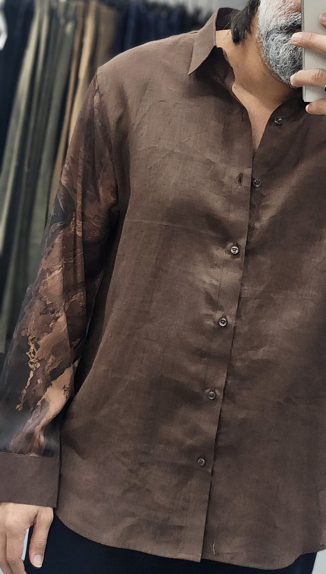 Dark Brown Linen Shirt with Pure Armani Fabric Printed Sleeves