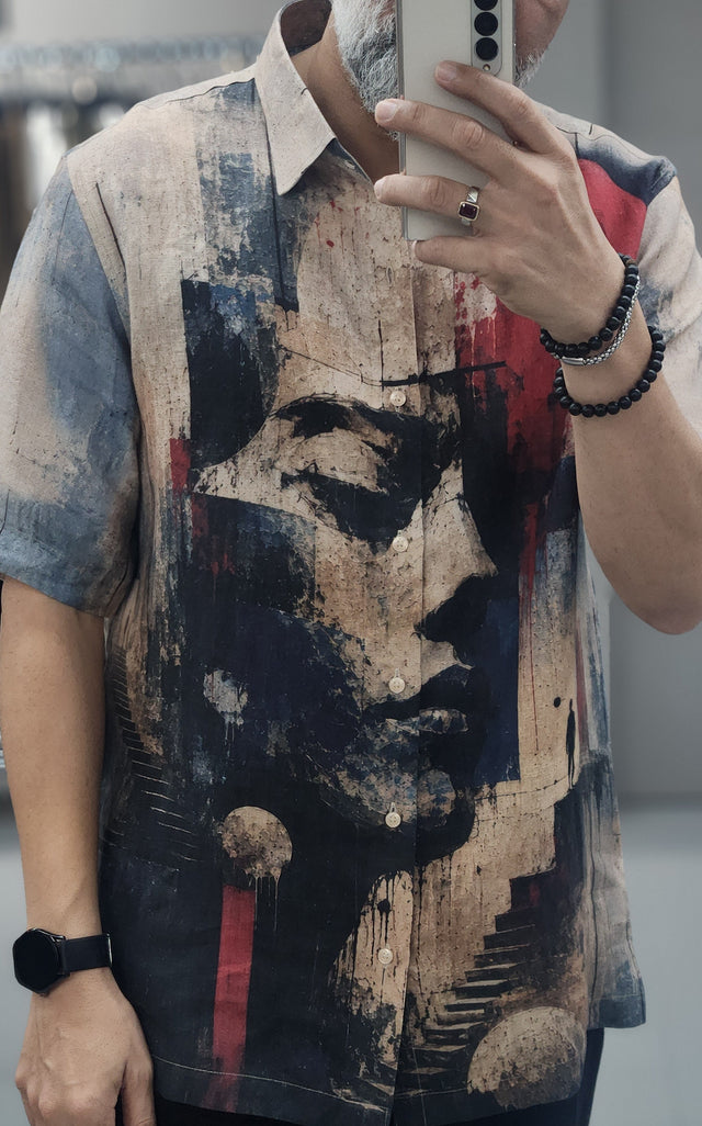 Abstract Portrait Oil-Canvas Digital Printed Pure Linen Shirt