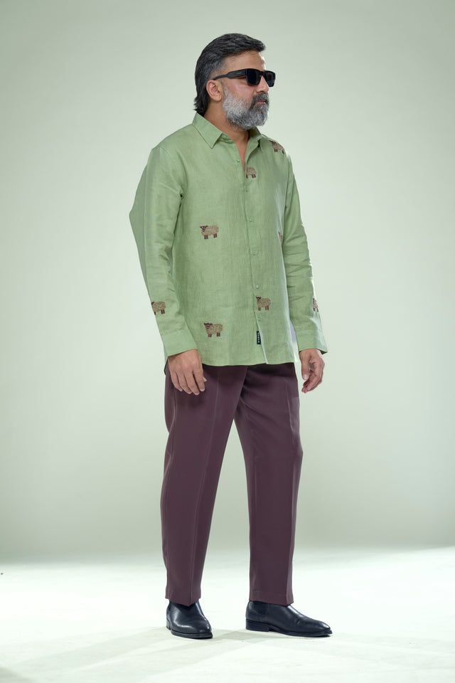 Botanical Heritage: 5-Hour Hand-Embroidered Pure Linen Full Sleeve Shirt - AddysForMen®️
