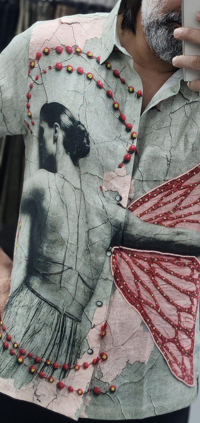 Ballerina Wings Hand-Embroidered Pure Linen Shirt
