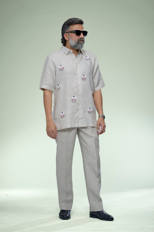 Artisan Summer : 5-Hour Hand Embroidered Pure Linen Half Sleeve Shirt - AddysForMen®️