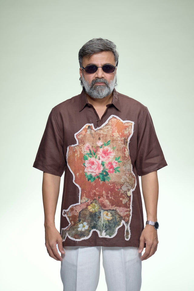 Artistic Floral Patch Pure Linen Designer Short Sleeve Shirt - AddysForMen®