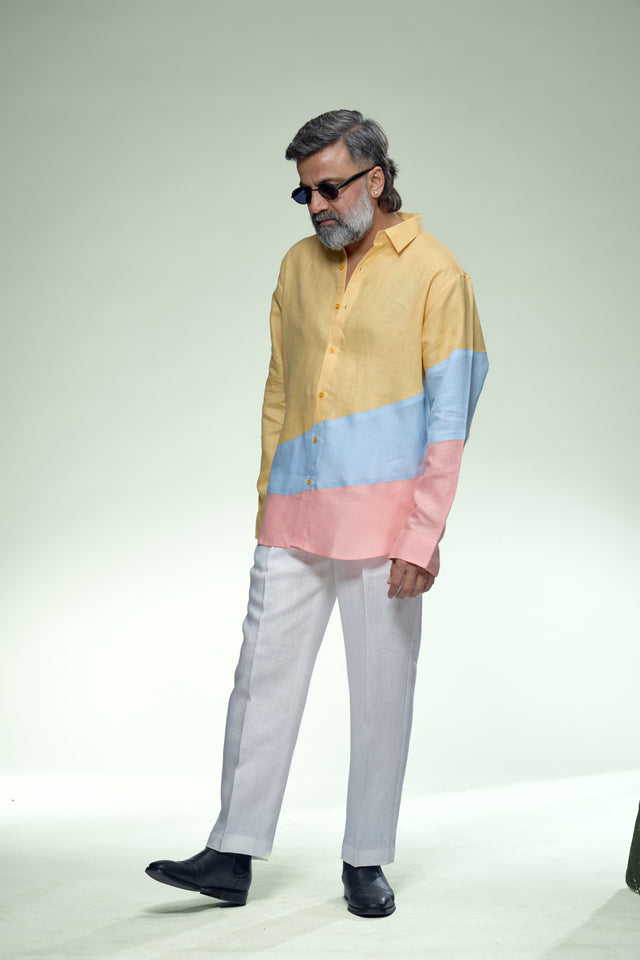 Modern Tricolour Block Pure Linen Designer Shirt - AddysForMen®
