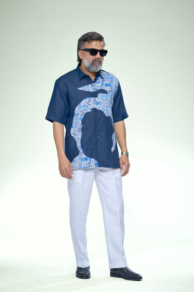 Artistic Blue Edition Pure Linen Designer Short Sleeve Shirt - AddysForMen®