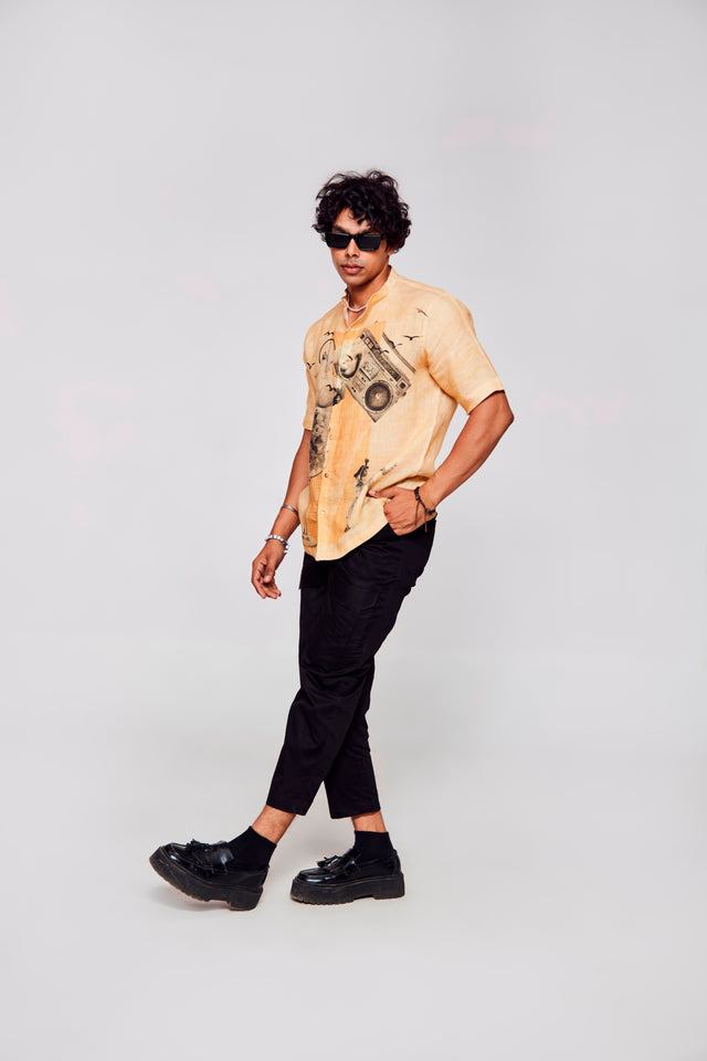 Stylish Melodic Fusion Printed Pure Linen Short Sleeve Shirt