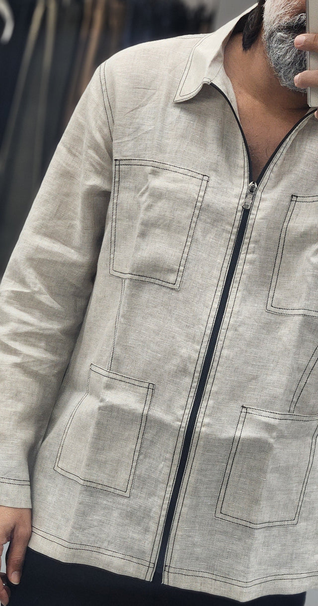Natural Oatmeal Four-Pocket Zippered Linen Shacket Shirt