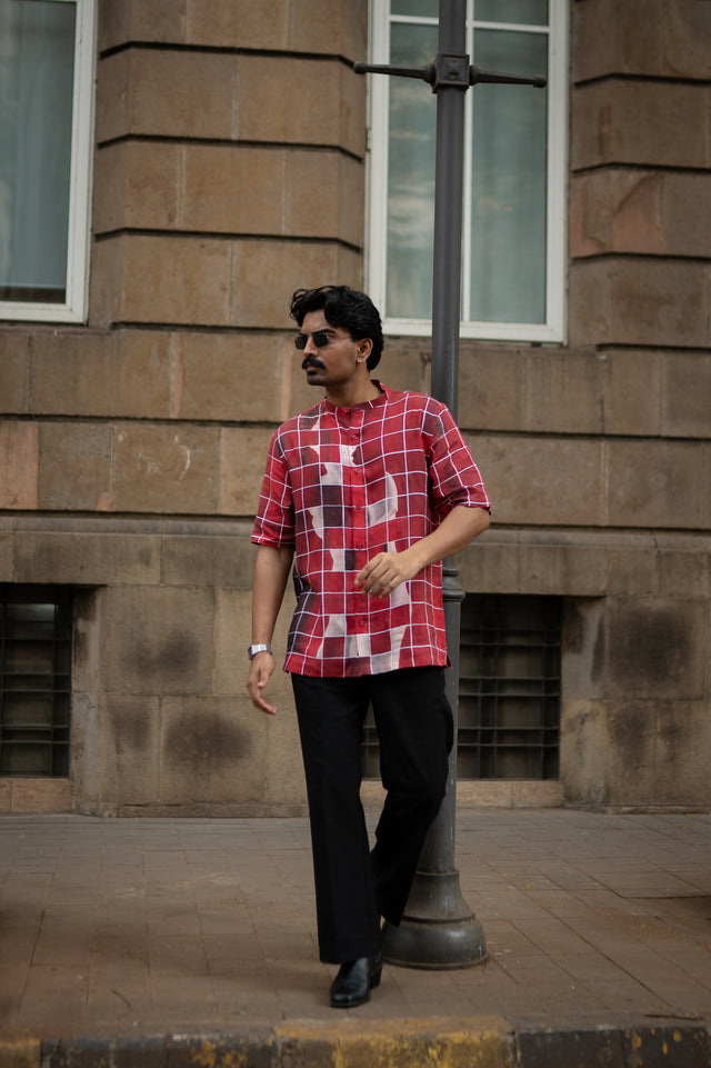 Gridlock Flow Designer Pure Linen Short Sleeve Shirt- AddysForMen®