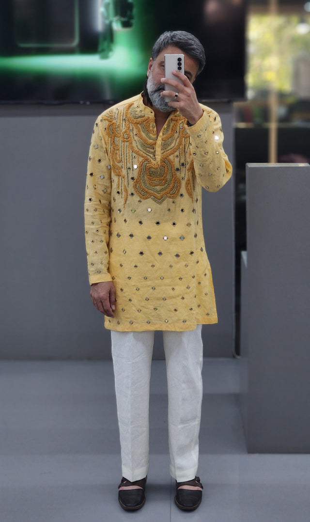 Sunshine Yellow Pure Linen Long Kurta with Hand-Embroidered Khatli Mirror & Threadwork