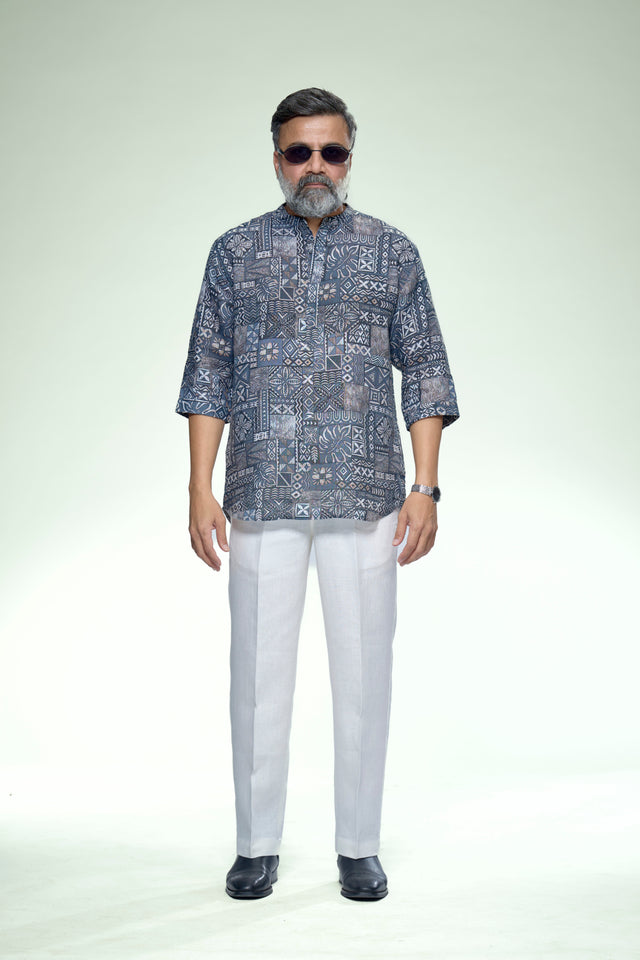 Indigo Nomad Mosaic Pure Linen 3/4 Sleeve Kurta Style Shirt - AddysForMen®️