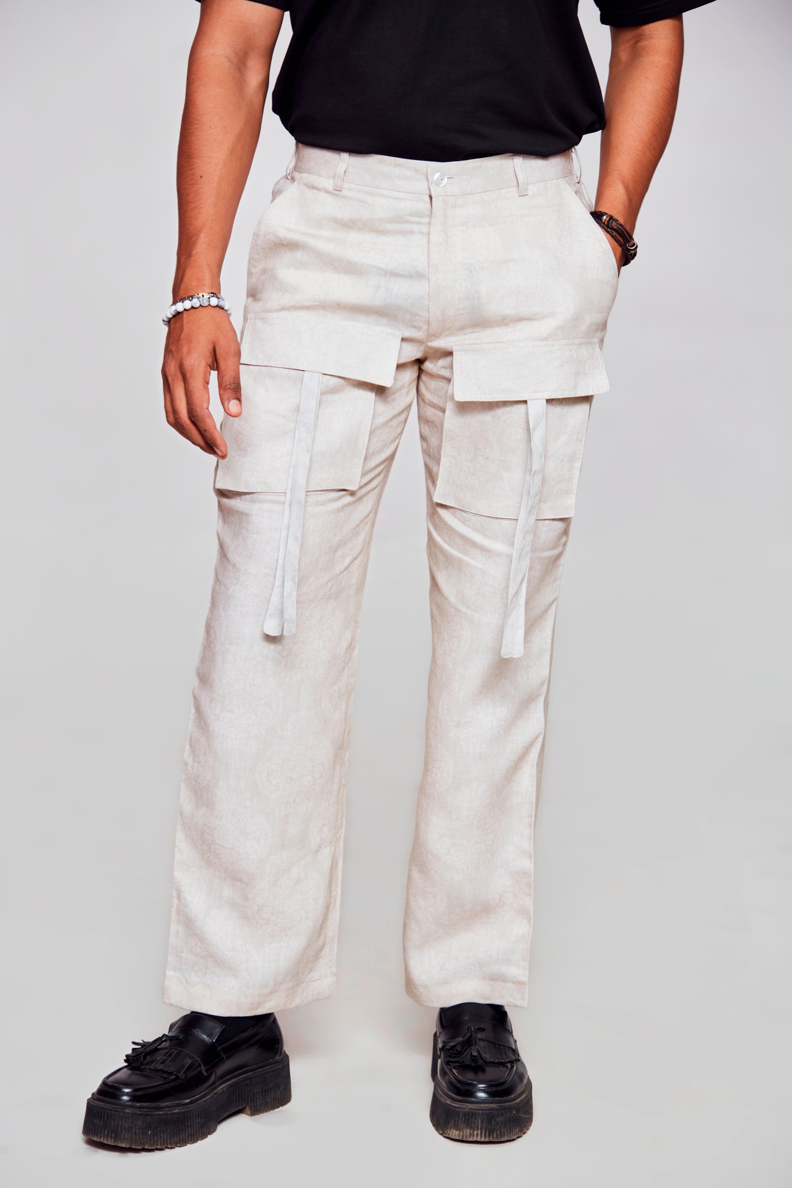 Beige bloom :Pure Linen Wide Leg Loose Fit Cargo Pant