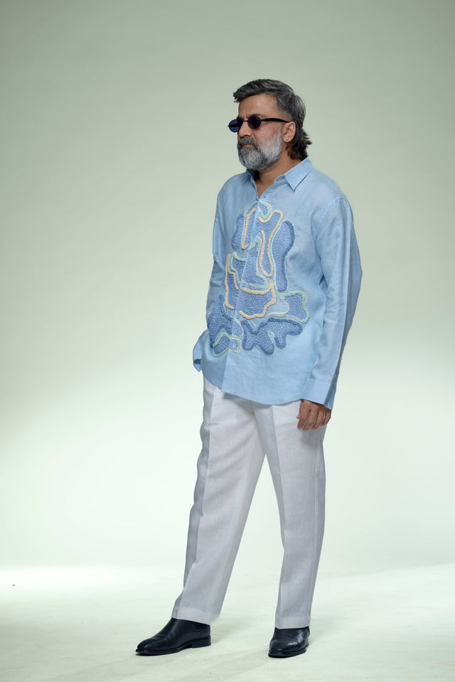 Meridian Edge : 9-Hour Hand-Embroidered Pure Linen Full Sleeve Shirt - AddysForMen®️