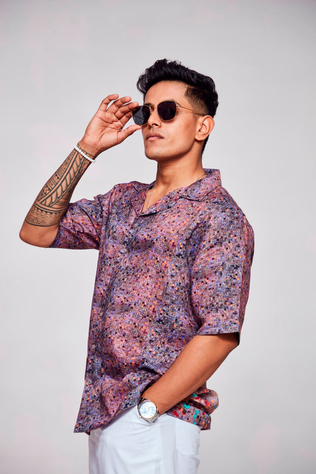 Digitally Embodied Printed Pure Linen Cuban Coller Unisex  Shirt