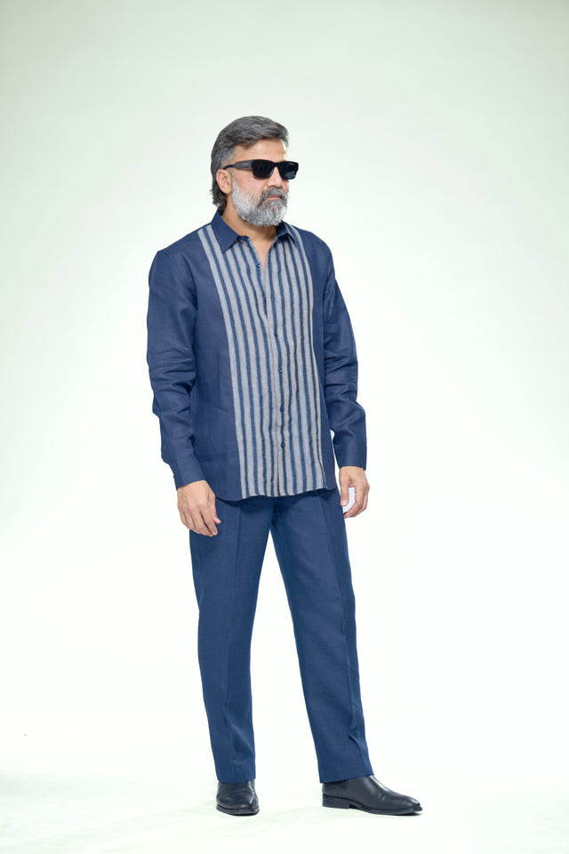 Indigo Linear Striped Pure Linen Full Sleeve Shirt - AddysForMen®