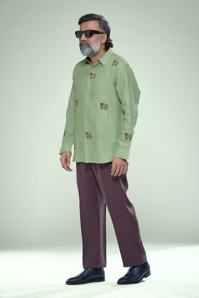 Botanical Heritage: 5-Hour Hand-Embroidered Pure Linen Full Sleeve Shirt - AddysForMen®️