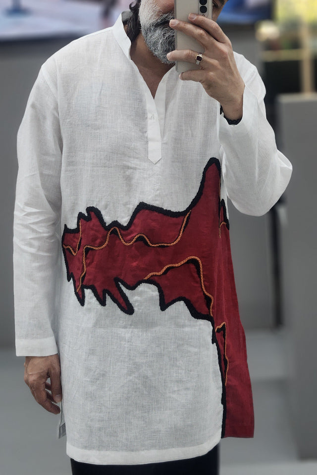 White Pure Linen Long Kurta with Crimson Cut-and-Patch Work & Hand Khatli Embroidery