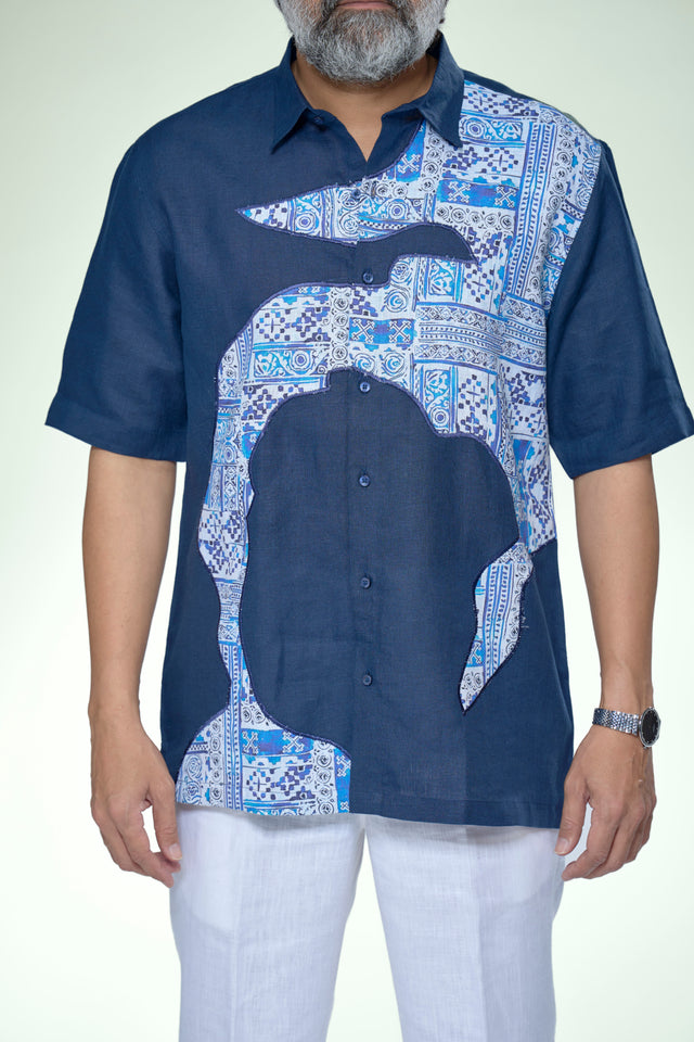 Artistic Blue Edition Pure Linen Designer Short Sleeve Shirt - AddysForMen®