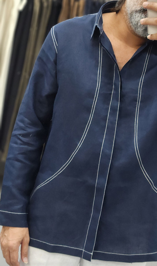 Navy Blue Contrast Topstitch Linen Long-Sleeve Shirt