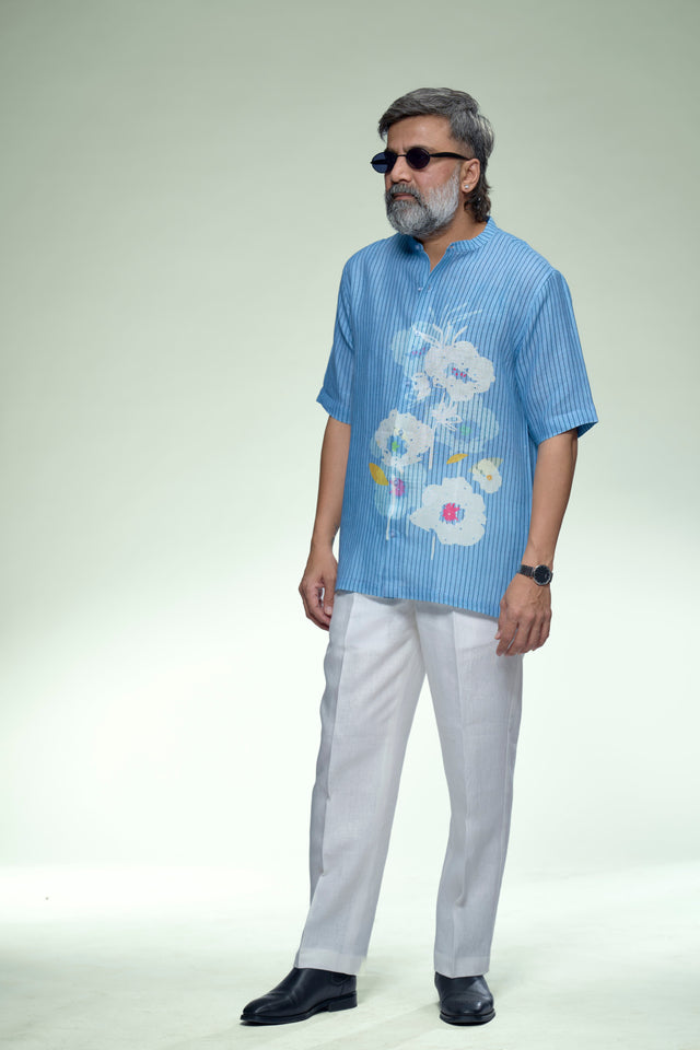Sky Blue Artistic Floral Pure Linen Short Sleeve Shirt - AddysForMen®