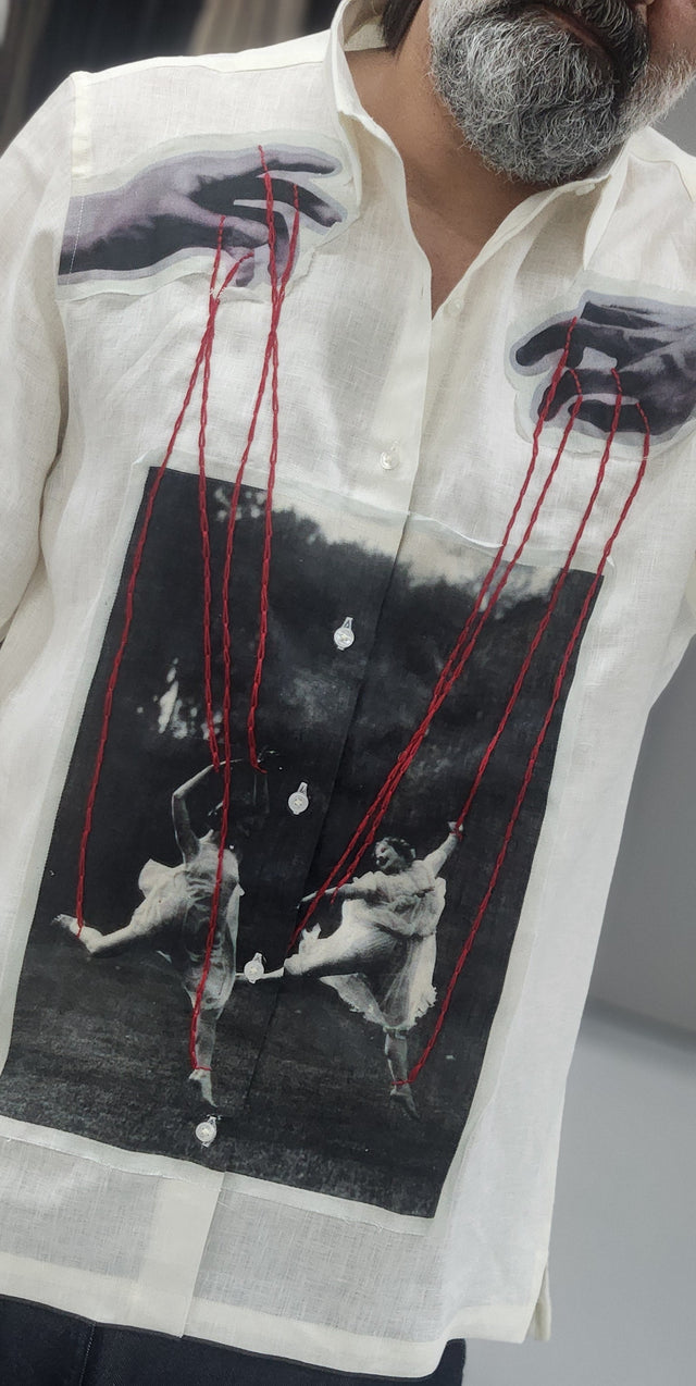 Off-White Graphic Patchwork Linen Shirt with Red Thread Embroidery