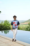 "Vibrant Symphony : A harmonious blend of blue and red Oversize Linen Tshirt"