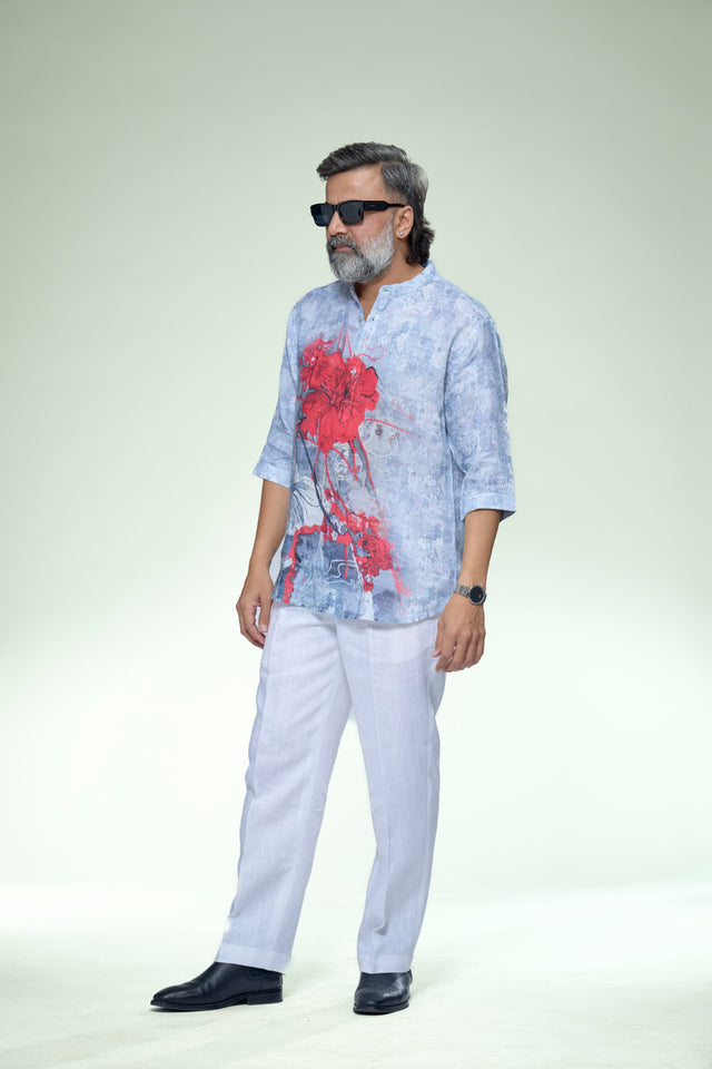 Scarlet Bloom Abstract Floral Pure Linen 3/4 Sleeve Kurta Style Shirt - AddysForMen®️