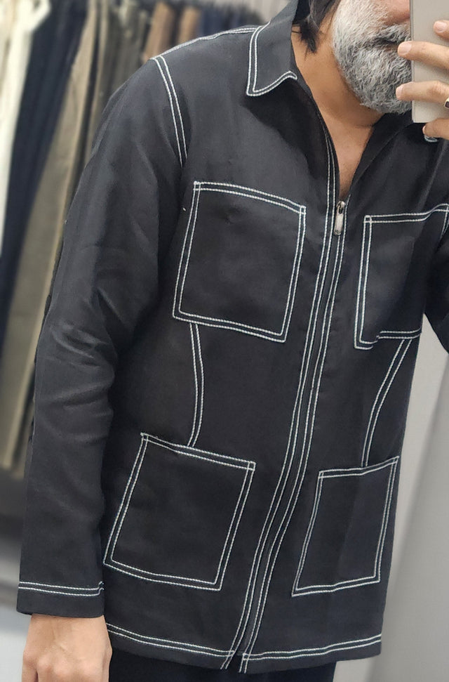 Onyx Black Four-Pocket Zippered Linen Shacket Shirt