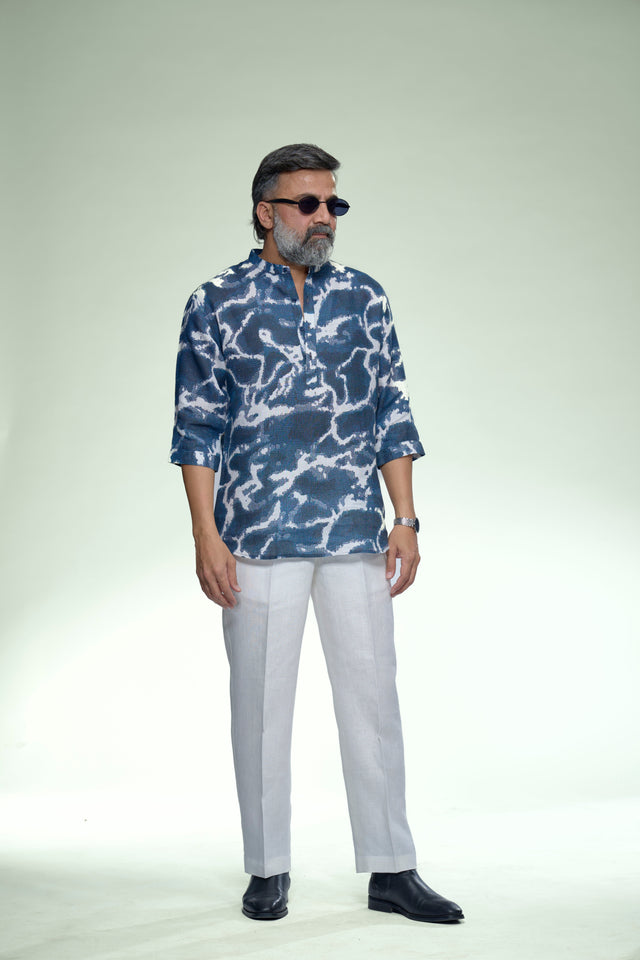 Contemporery Indigo Pure Linen 3/4 Sleeve Kurta Style Shirt - AddysForMen®️