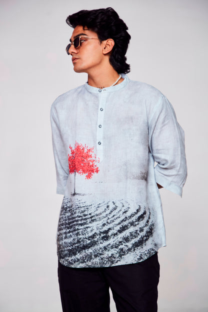 Mystic Forest : Artistic Journey through Nature - Pure Linen 3/4 Sleeve Kurta Style Shirt