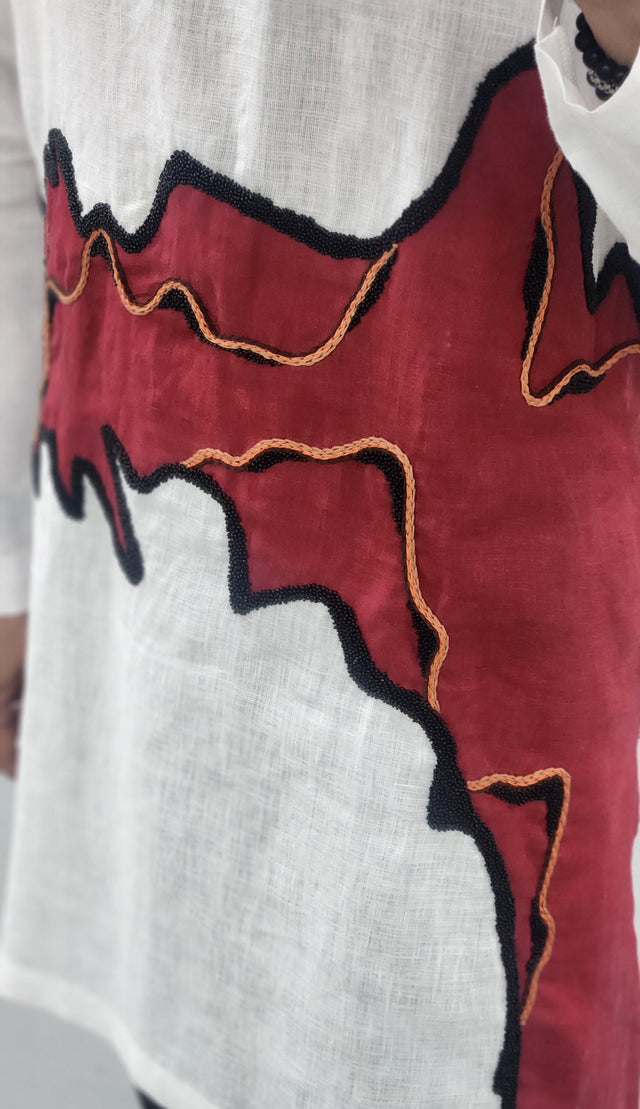 White Pure Linen Long Kurta with Crimson Cut-and-Patch Work & Hand Khatli Embroidery
