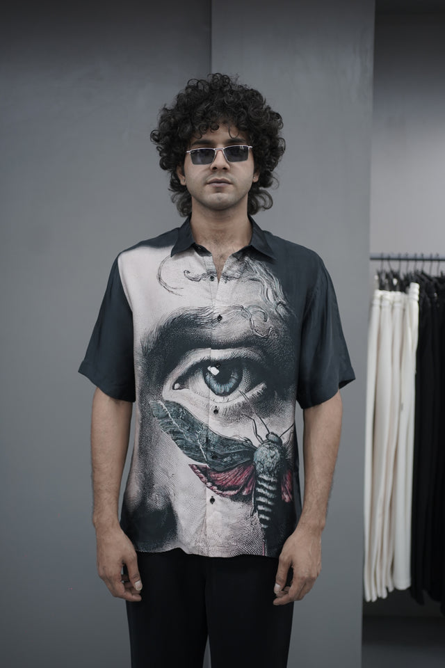 The Aurora Horizon: Integrated Digital Art Pure Bemberg Satin Short Sleeve Shirt - AddysForMen®️