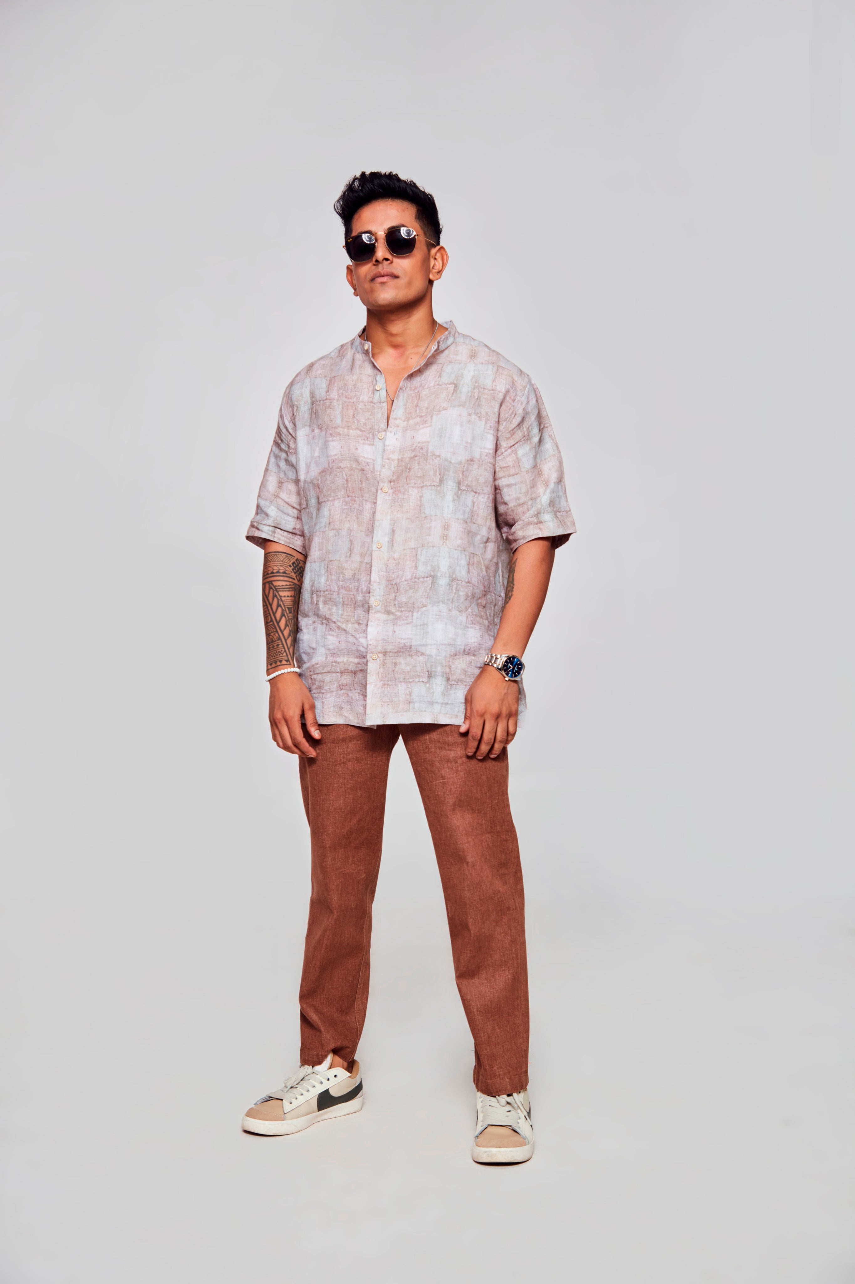 Enigmatic Gaze : Secrets of a Singular Presence - Pure Linen Short Sleeve Shirt