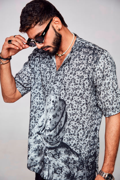 Floral Fusion : Covered Man Embracing Nature's Delight - Pure Tencel Sation Short Sleeve Shirt