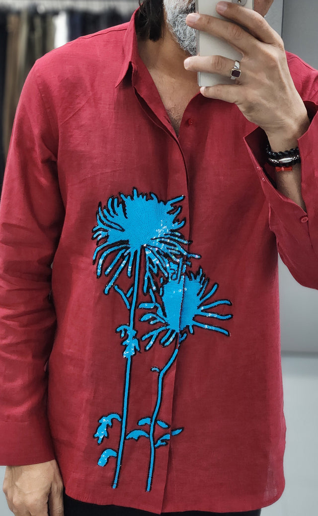 Deep Red Linen Shirt with Electric Blue Botanical Embroidery