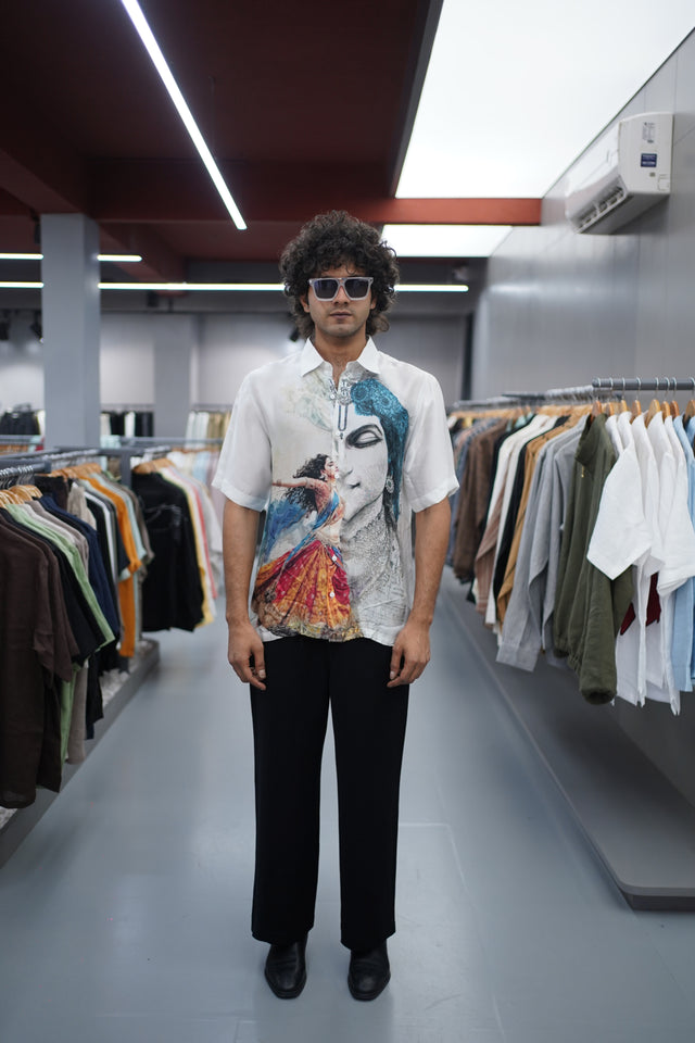The Divine Union: Radha Krishna Digital Pure Bemberg Satin Short Sleeve Shirt - AddysForMen®️