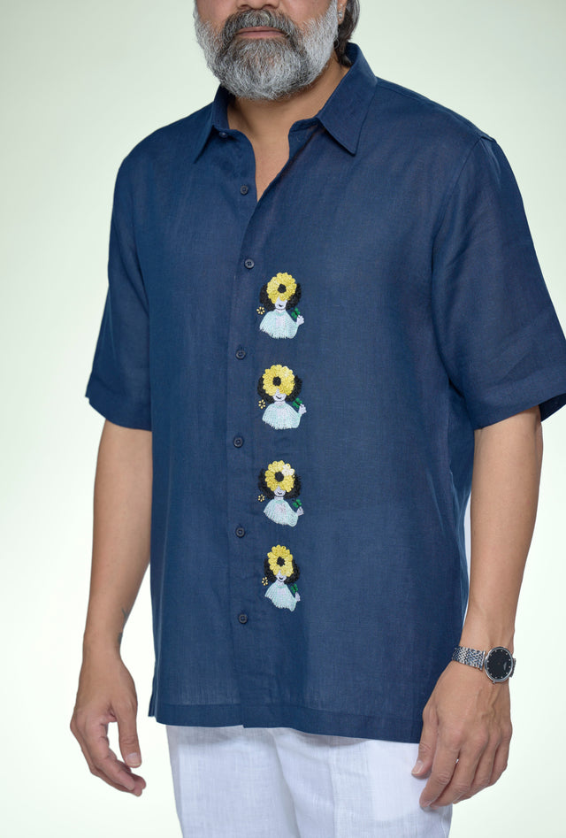 Studio Edition : 5-Hour Hand Embroidered Pure Linen Half Sleeve Shirt - AddysForMen®️