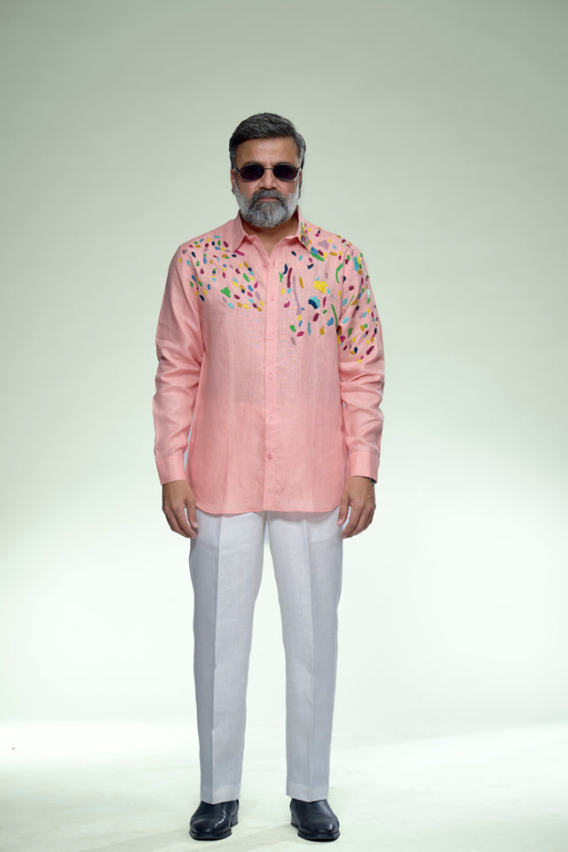 Corner Masterpiece : 9-Hour Front & Back Corner Hand Embroidered Pure Linen Full Sleeve Shirt - AddysForMen®️