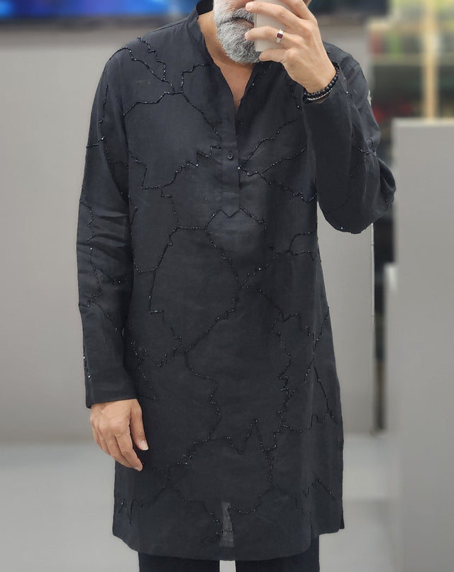 Jet Black Midnight Mosaic Hand Khatli Pure Linen Kurta