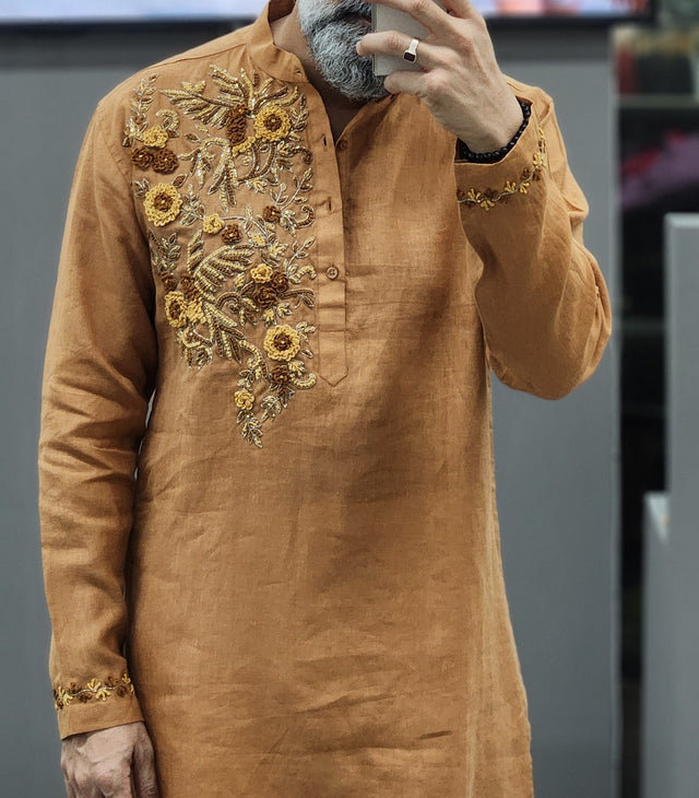 Mustard Ochre Asymmetric Floral Garden Hand Khatli Pure Linen Kurta