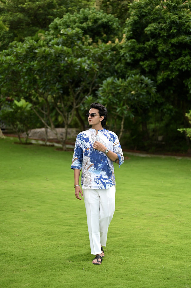"Serene Elegance : A Breathtaking Blue and White 3/4 Sleeve Kurta Style Shirt"