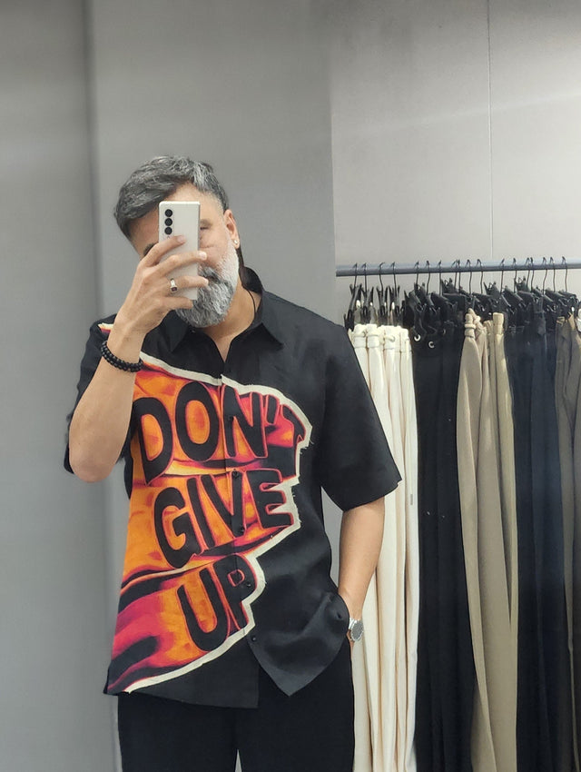 Obsidian "Don't Give Up" Flame Graphic Pure Linen Resort Shirt