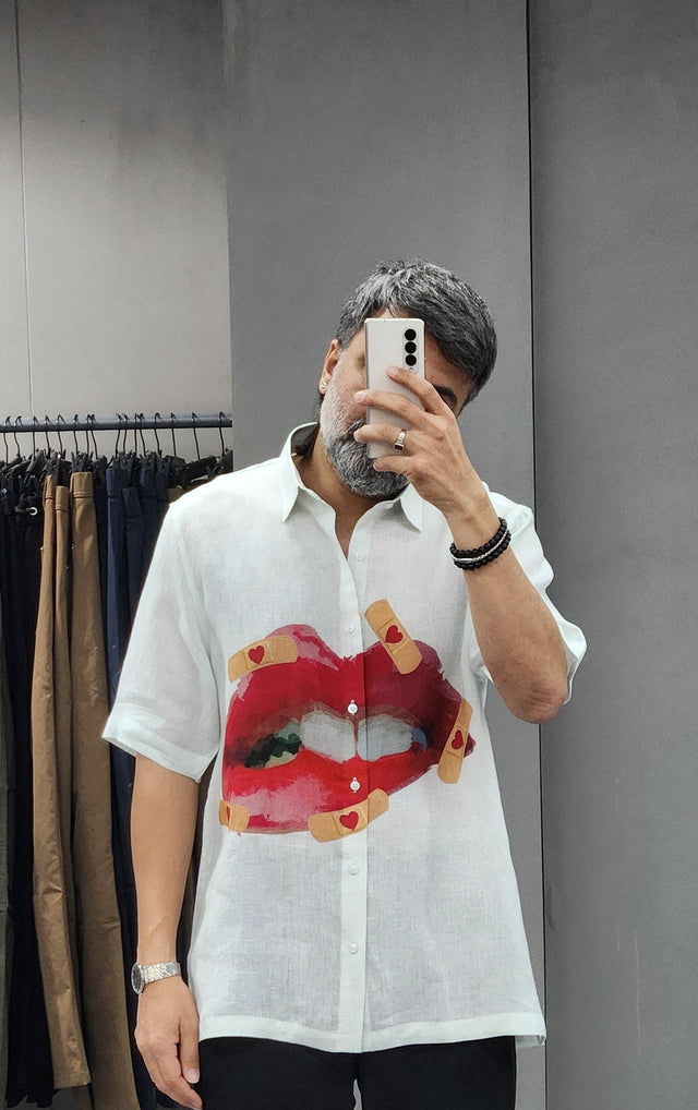 Bandaged Lips Digital Print Pure Linen Shirt