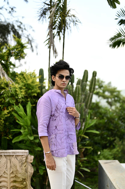 "Regal Elegance : Majestic Fusion of Purple and White 3/4 Sleeve Kurta Style Shirt"