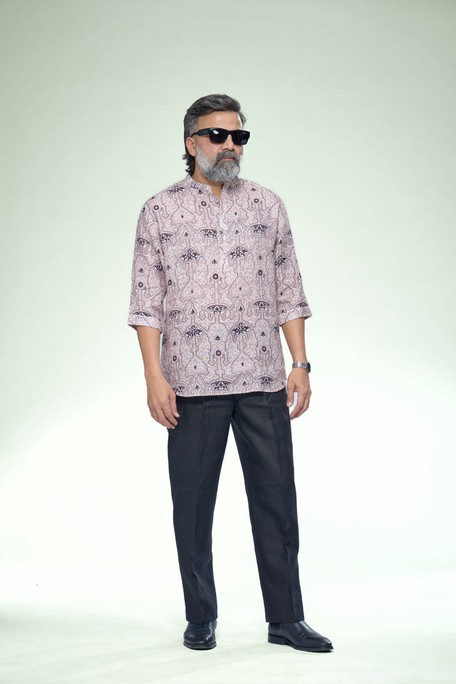 Artisan Geometric Pure Linen 3/4 Sleeve Kurta Style Shirt - AddysForMen®️