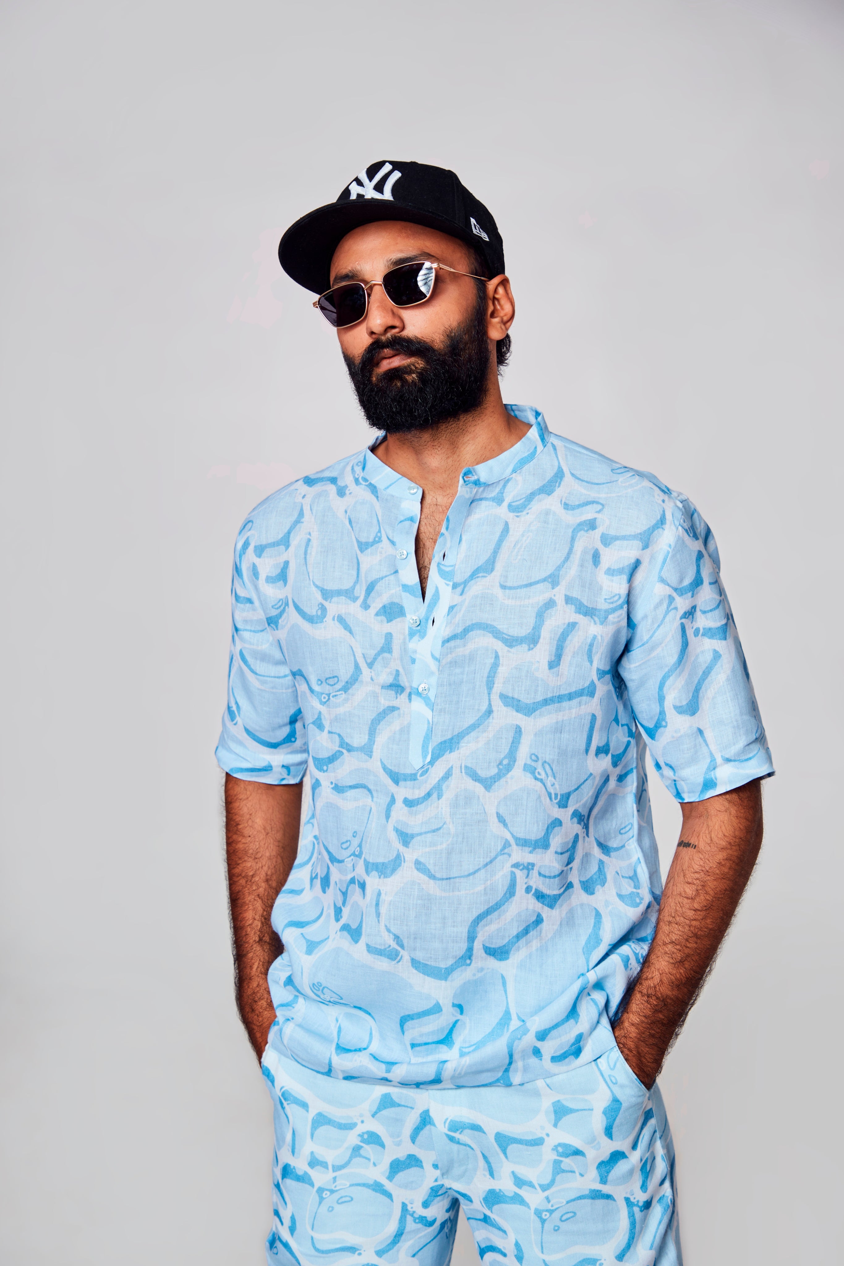 Serene Elegance : Fusion of Blue and White - Pure Linen Short Sleeve Kurta