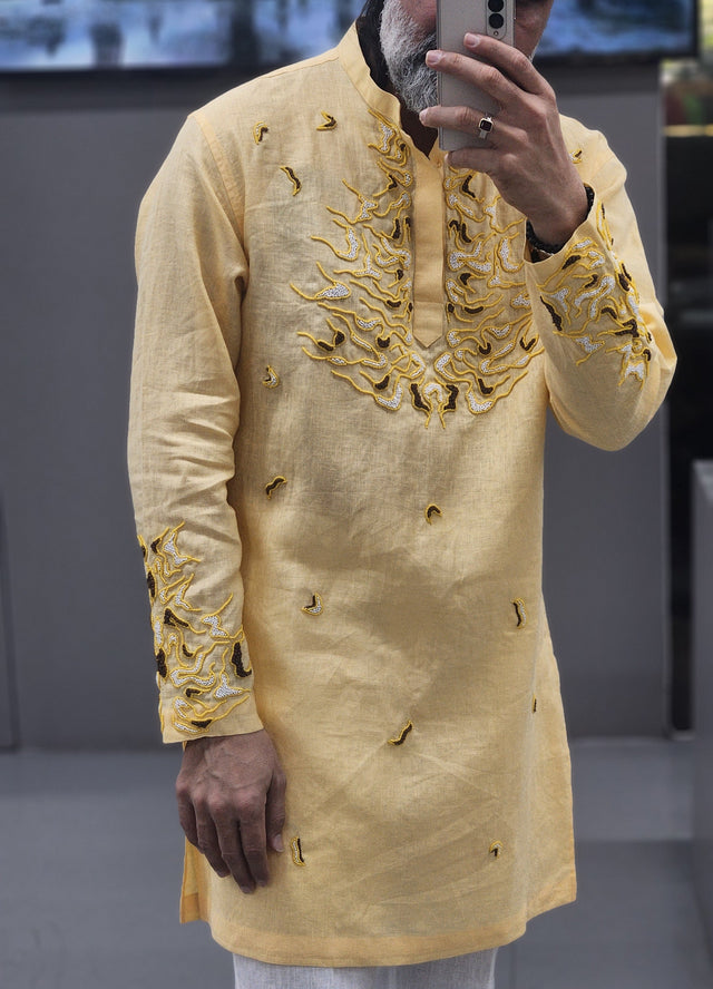 Pale Yellow Pure Linen Long Kurta with Hand-Embroidered Khatli Yoke & Cuffs