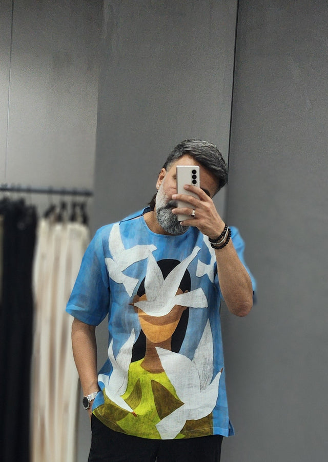 Celestial Birds & Portrait Pure Linen T-Shirt style Shirt